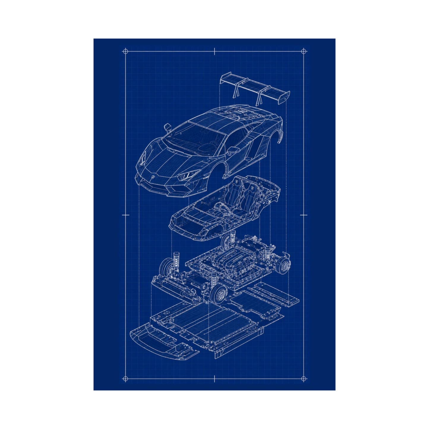 Lamborghini Aventador Exploded View Poster | Engineering Blueprint Wall Art | Wireframe Supercar Diagram | Gift for Car Enthusiast - Blue