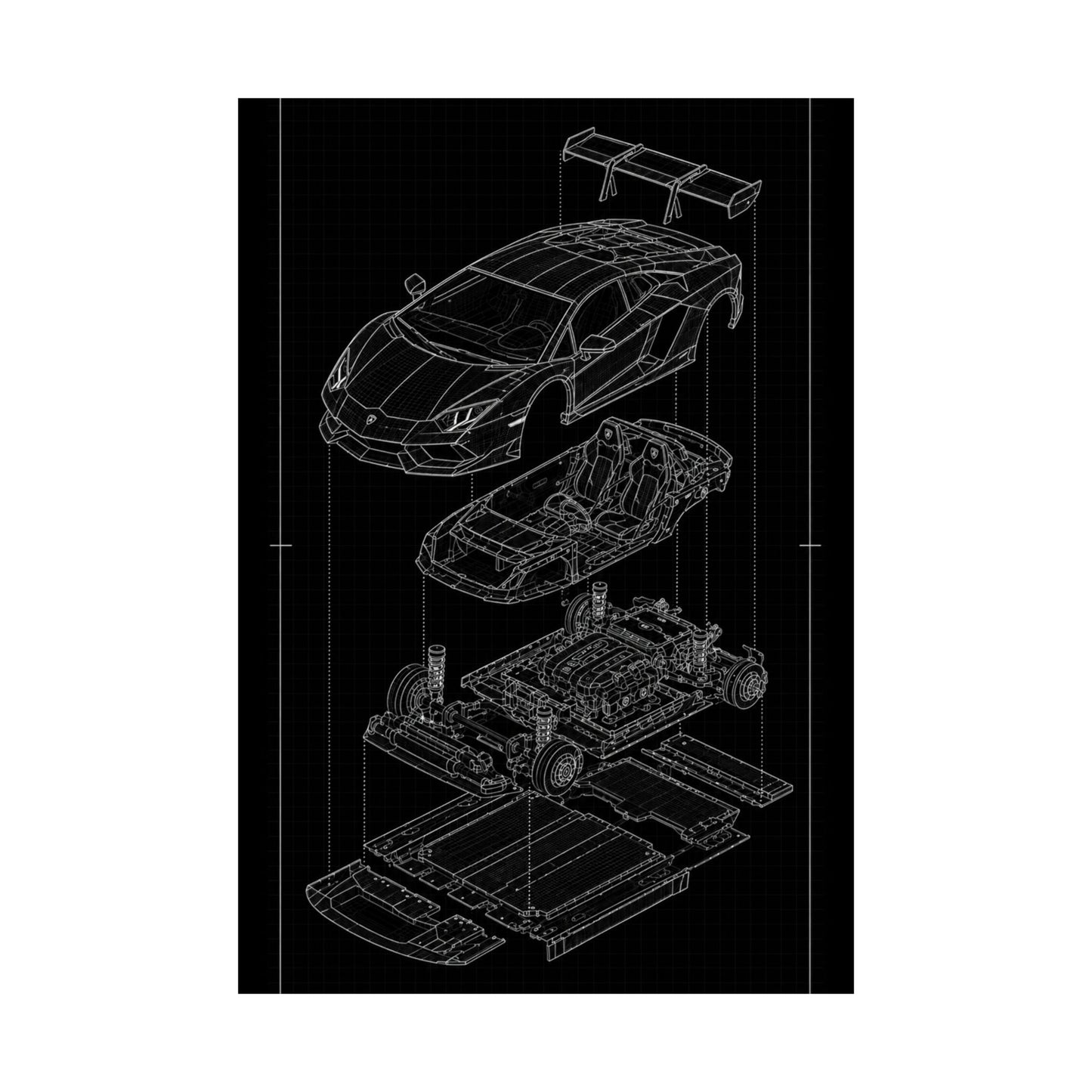 Lamborghini Aventador Exploded View Poster | Engineering Blueprint Wall Art | Wireframe Supercar Diagram | Gift for Car Enthusiast - Black