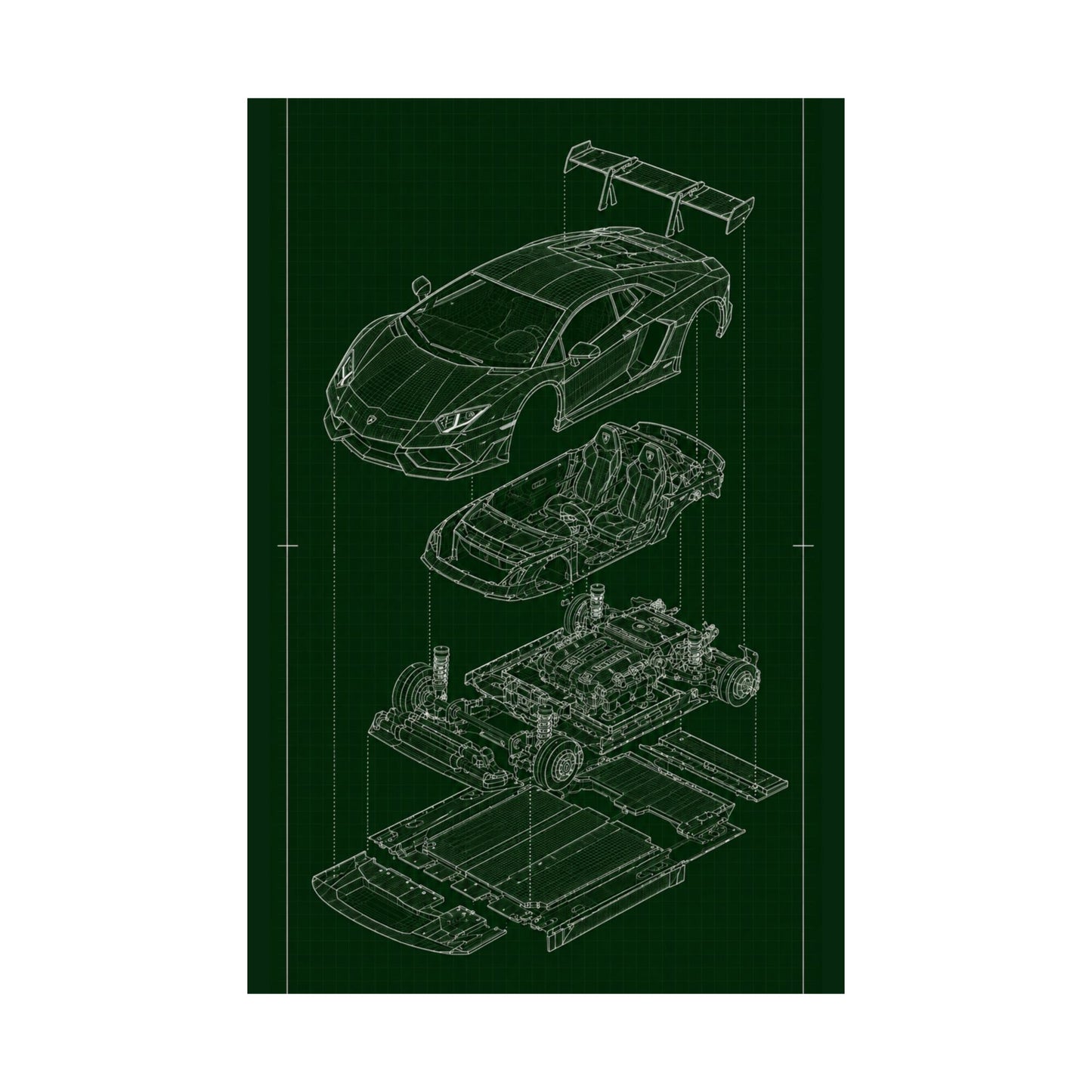Lamborghini Aventador Exploded View Poster | Engineering Blueprint Wall Art | Wireframe Supercar Diagram | Gift for Car Enthusiast - Green