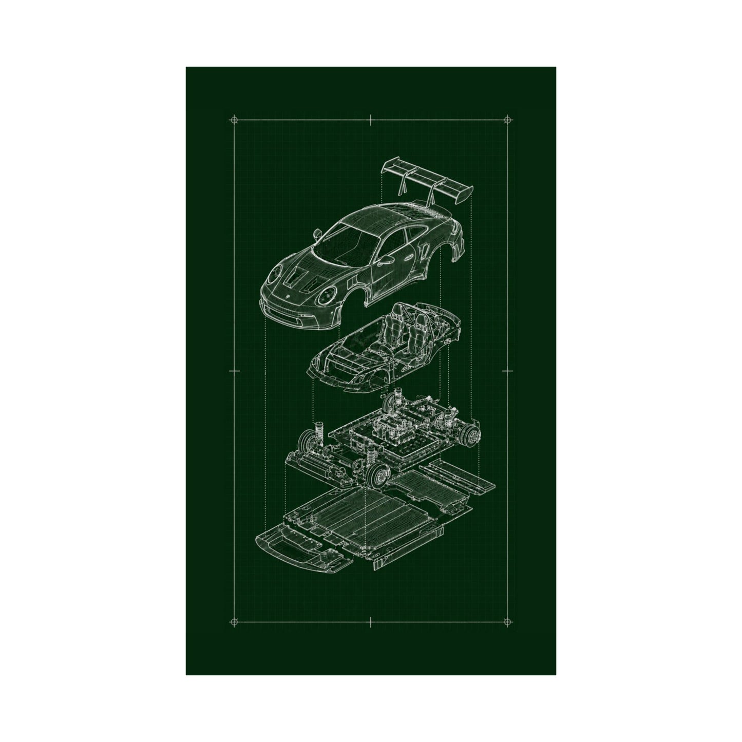 Porsche 911 GT3 Exploded View Poster | Engineering Blueprint Wall Art | Wireframe Supercar Diagram | Gift for Car Enthusiast - Green