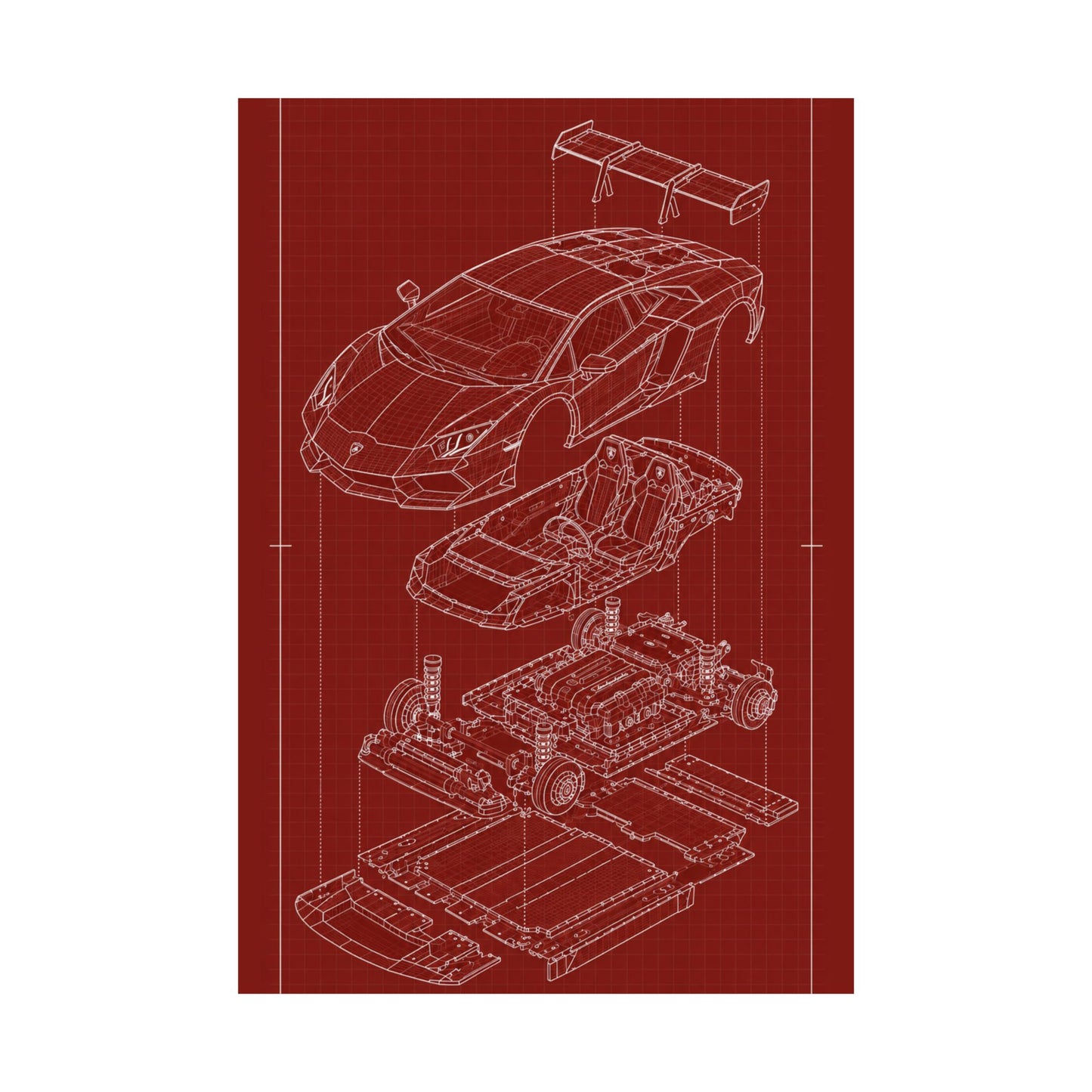 Lamborghini Aventador Exploded View Poster | Engineering Blueprint Wall Art | Wireframe Supercar Diagram | Gift for Car Enthusiast - Red