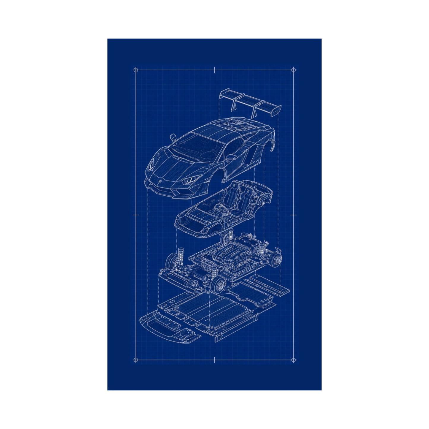 Lamborghini Aventador Exploded View Poster | Engineering Blueprint Wall Art | Wireframe Supercar Diagram | Gift for Car Enthusiast - Blue