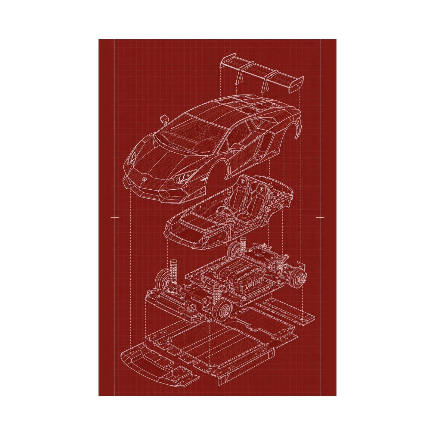 Lamborghini Aventador Exploded View Poster | Engineering Blueprint Wall Art | Wireframe Supercar Diagram | Gift for Car Enthusiast - Red