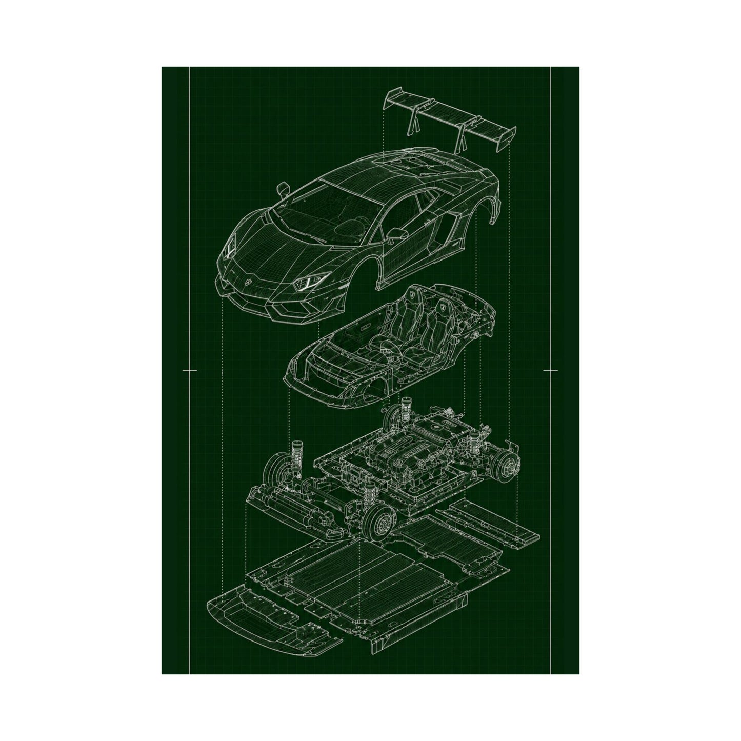 Lamborghini Aventador Exploded View Poster | Engineering Blueprint Wall Art | Wireframe Supercar Diagram | Gift for Car Enthusiast - Green