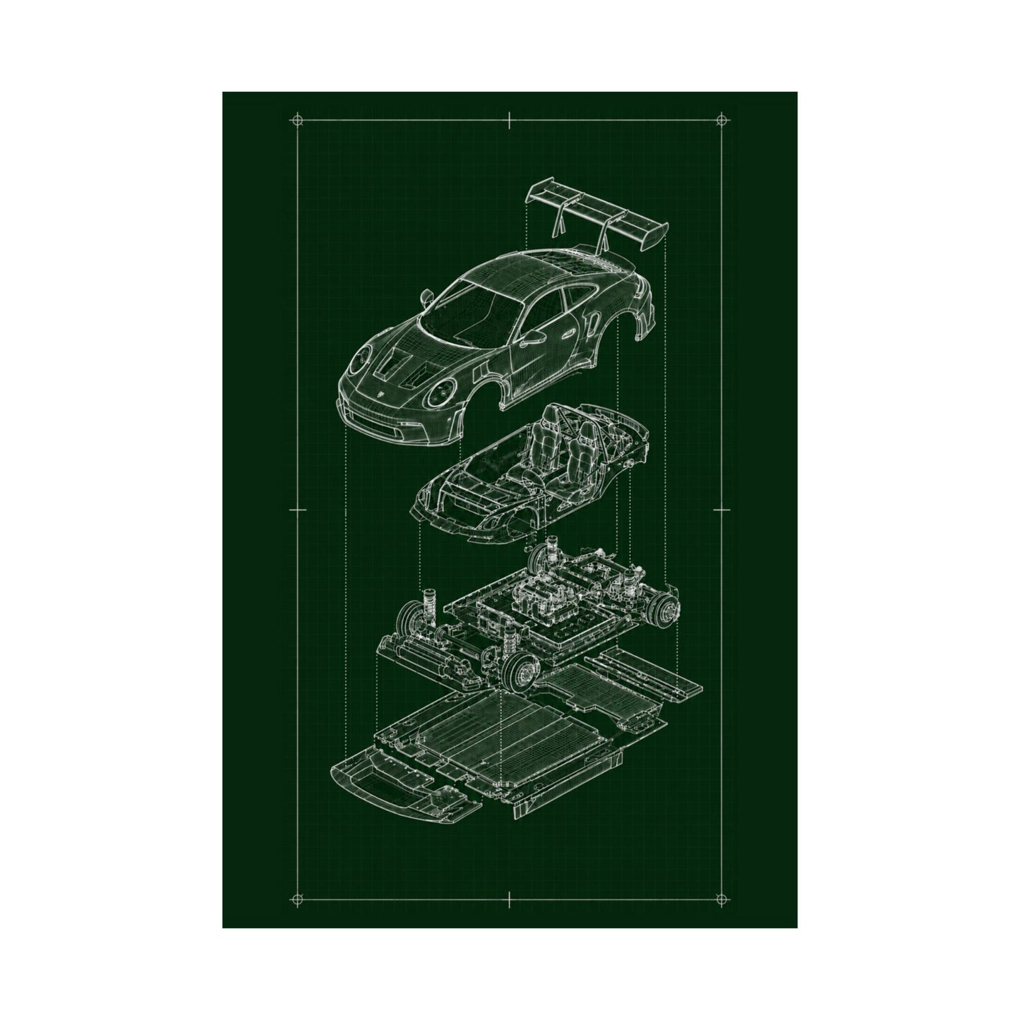 Porsche 911 GT3 Exploded View Poster | Engineering Blueprint Wall Art | Wireframe Supercar Diagram | Gift for Car Enthusiast - Green