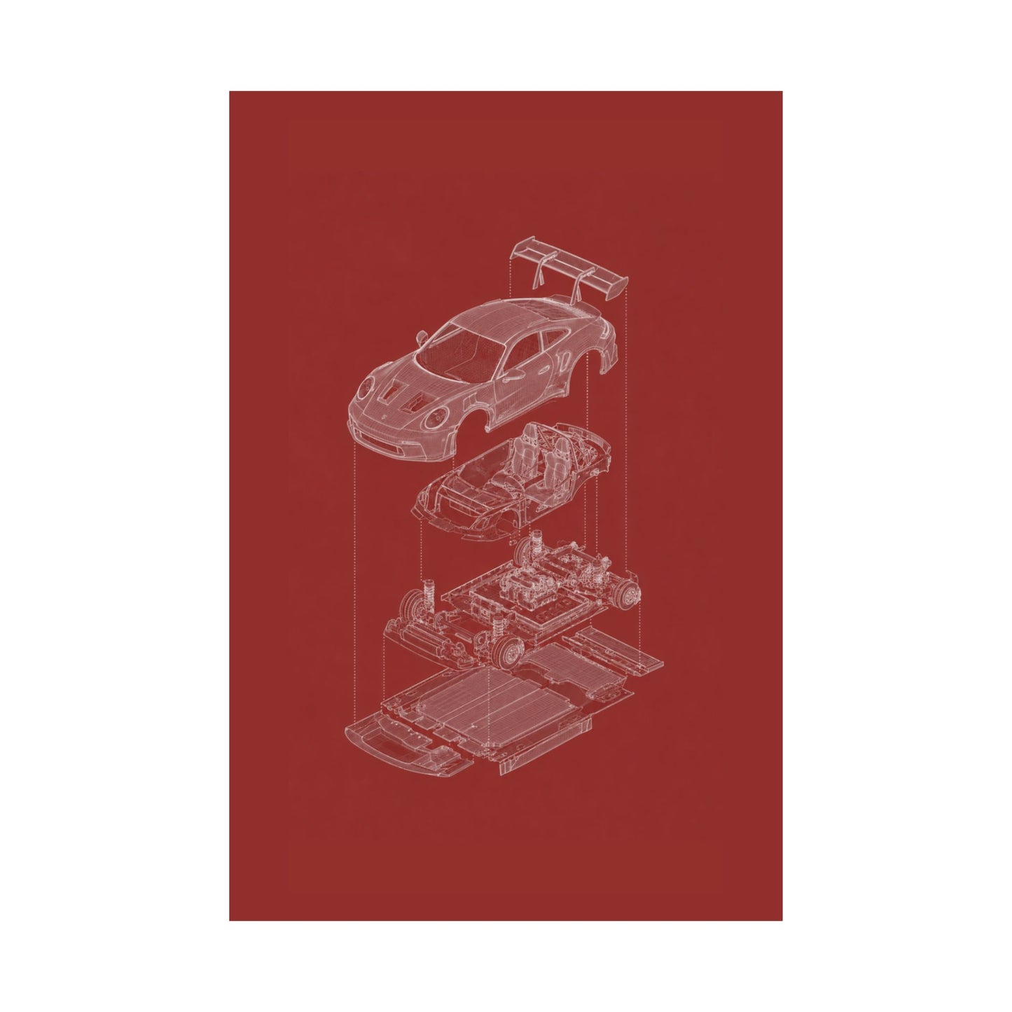 Porsche 911 GT3 Exploded View Poster | Engineering Blueprint Wall Art | Wireframe Supercar Diagram | Gift for Car Enthusiast - Red