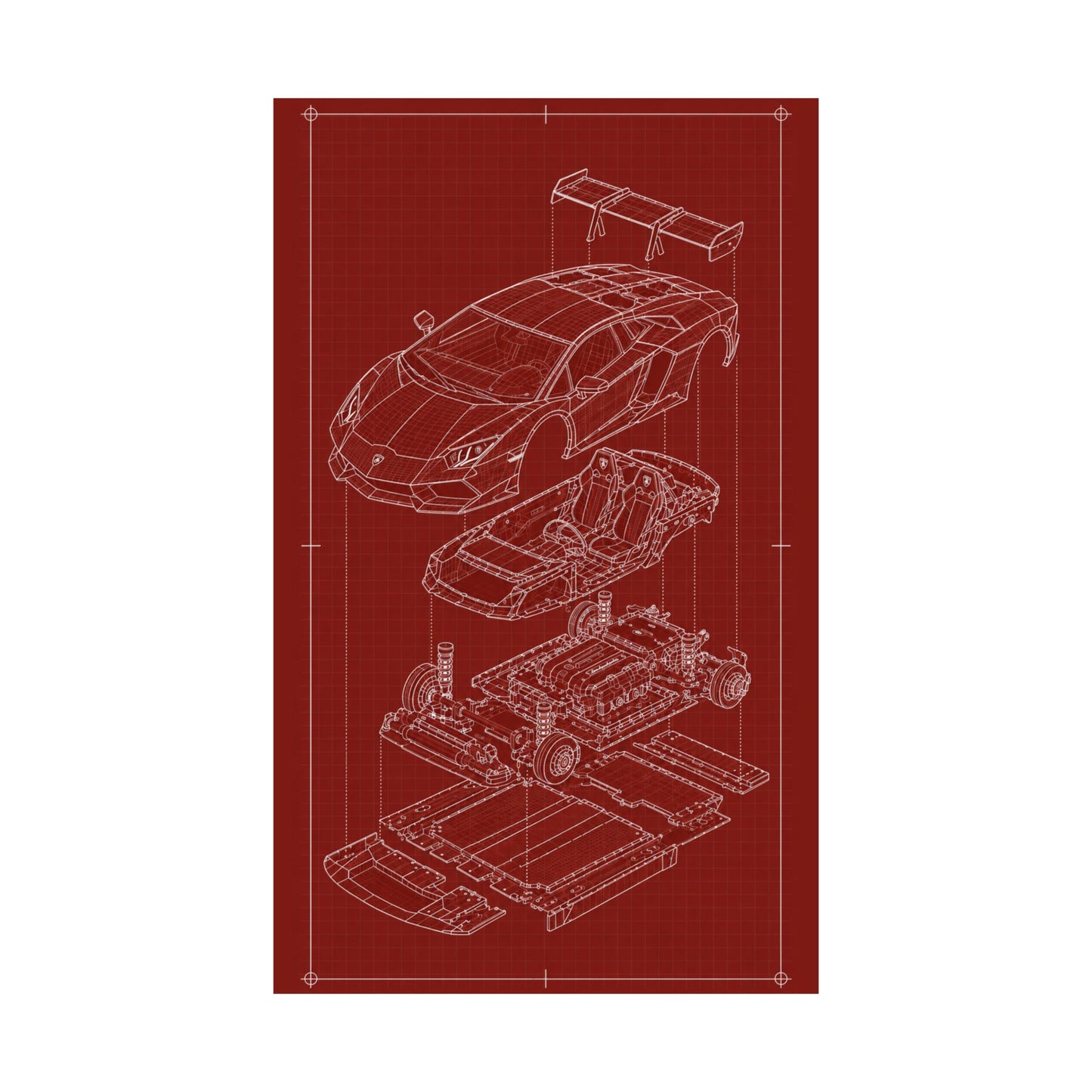 Lamborghini Aventador Exploded View Poster | Engineering Blueprint Wall Art | Wireframe Supercar Diagram | Gift for Car Enthusiast - Red