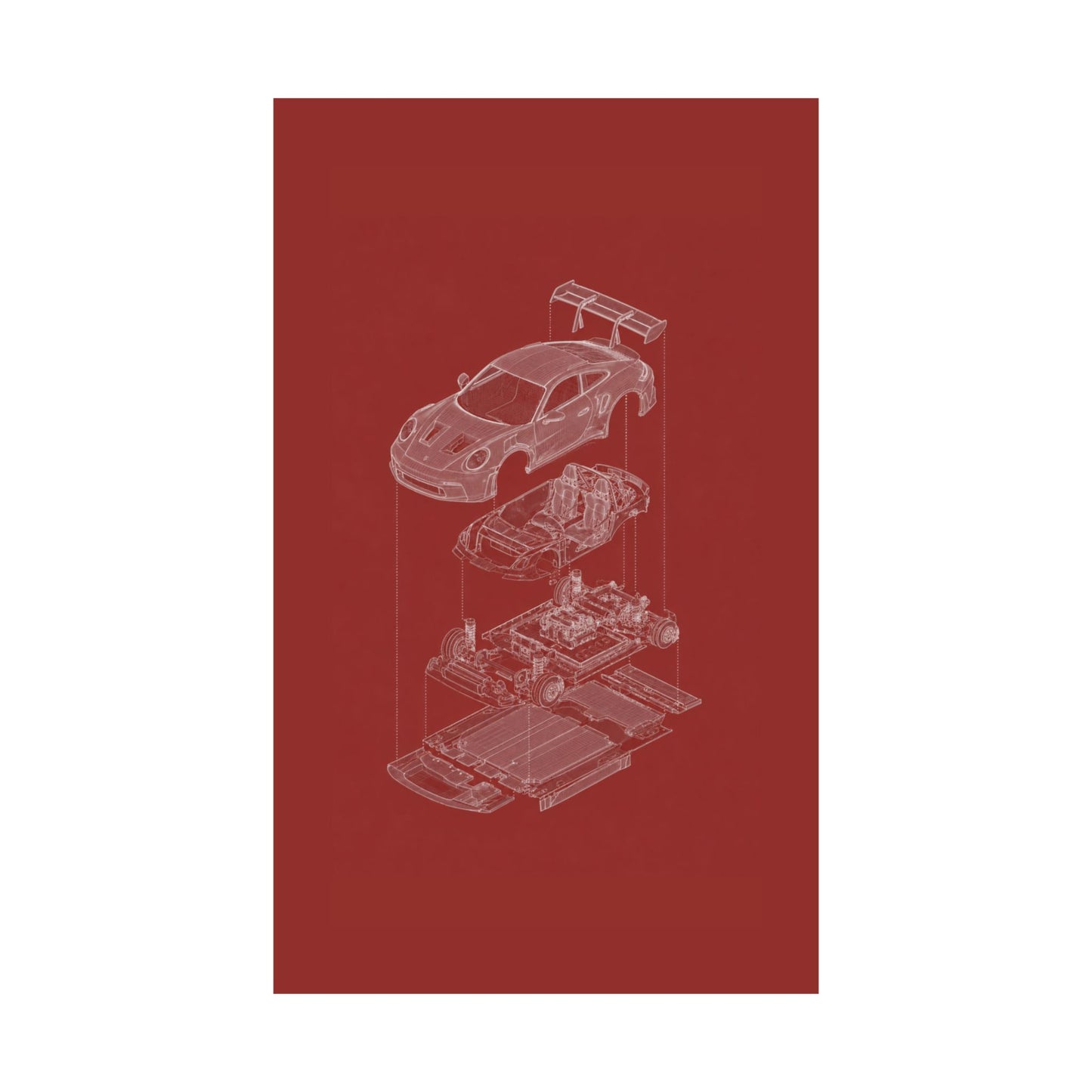 Porsche 911 GT3 Exploded View Poster | Engineering Blueprint Wall Art | Wireframe Supercar Diagram | Gift for Car Enthusiast - Red
