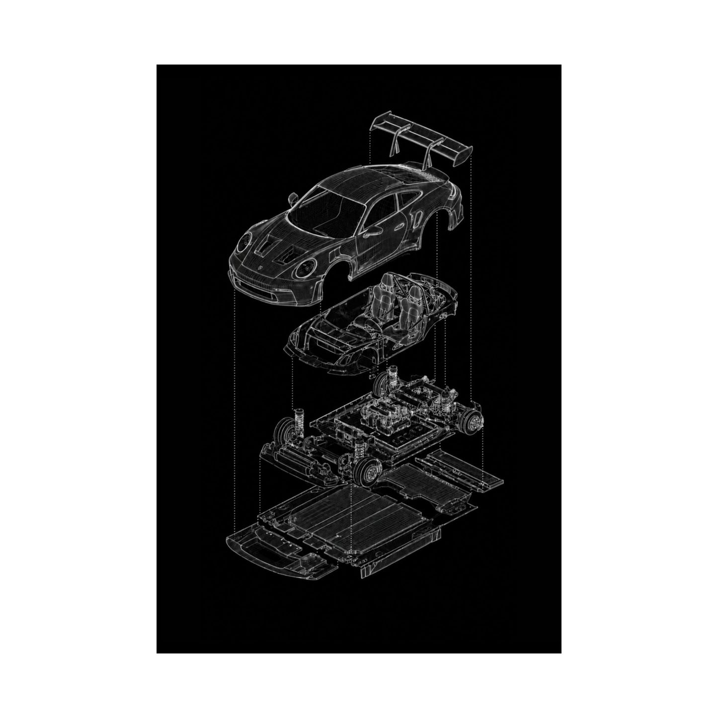 Porsche 911 GT3 Exploded View Poster | Engineering Blueprint Wall Art | Wireframe Supercar Diagram | Gift for Car Enthusiast - Black