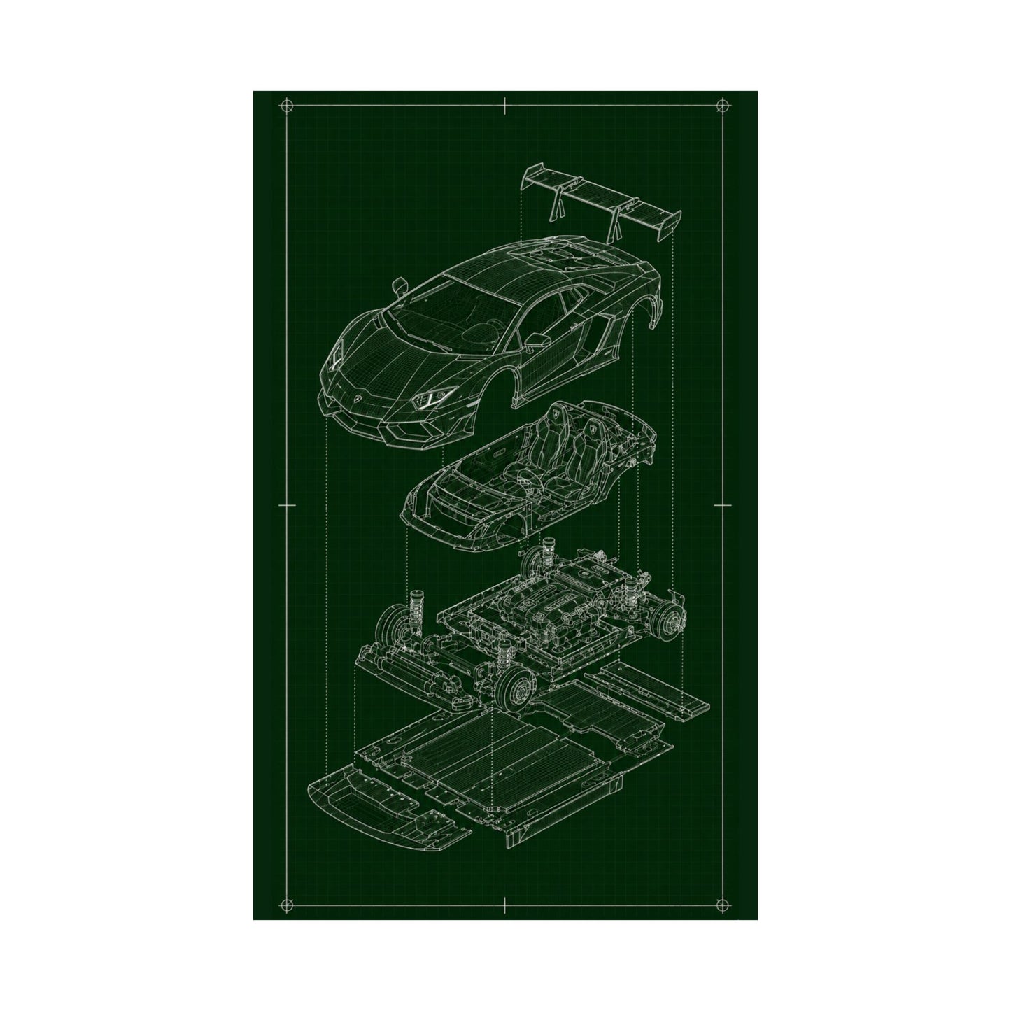 Lamborghini Aventador Exploded View Poster | Engineering Blueprint Wall Art | Wireframe Supercar Diagram | Gift for Car Enthusiast - Green