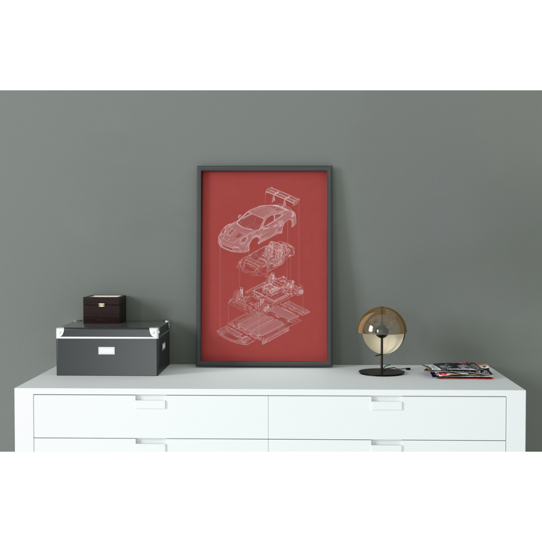 Porsche 911 GT3 Exploded View Poster | Engineering Blueprint Wall Art | Wireframe Supercar Diagram | Gift for Car Enthusiast - Red