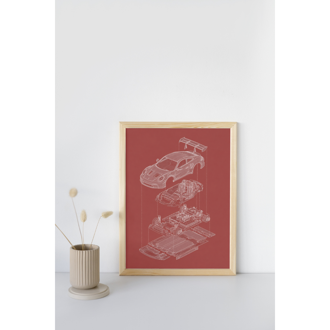 Porsche 911 GT3 Exploded View Poster | Engineering Blueprint Wall Art | Wireframe Supercar Diagram | Gift for Car Enthusiast - Red