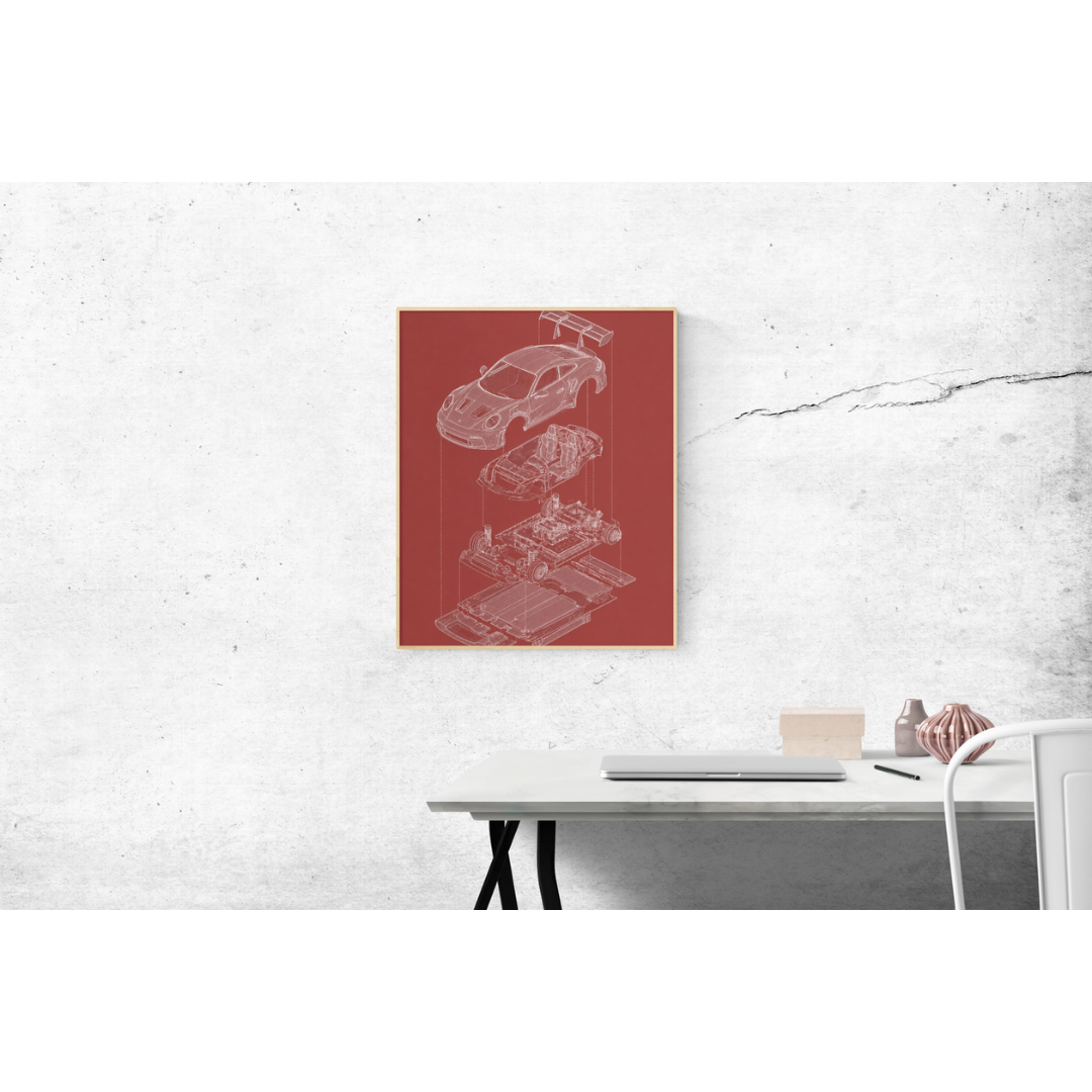 Porsche 911 GT3 Exploded View Poster | Engineering Blueprint Wall Art | Wireframe Supercar Diagram | Gift for Car Enthusiast - Red