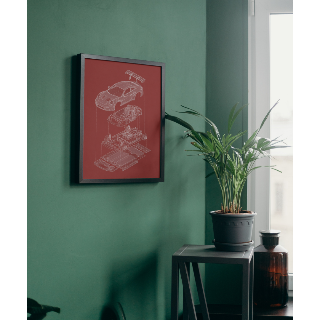 Porsche 911 GT3 Exploded View Poster | Engineering Blueprint Wall Art | Wireframe Supercar Diagram | Gift for Car Enthusiast - Red