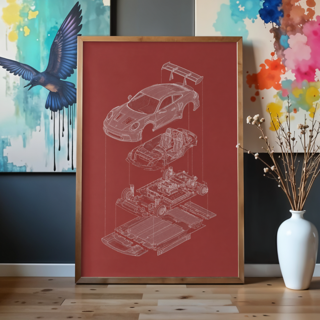 Porsche 911 GT3 Exploded View Poster | Engineering Blueprint Wall Art | Wireframe Supercar Diagram | Gift for Car Enthusiast - Red