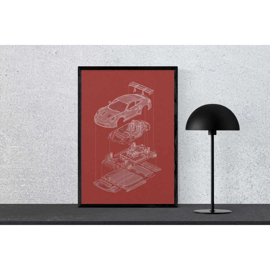 Porsche 911 GT3 Exploded View Poster | Engineering Blueprint Wall Art | Wireframe Supercar Diagram | Gift for Car Enthusiast - Red