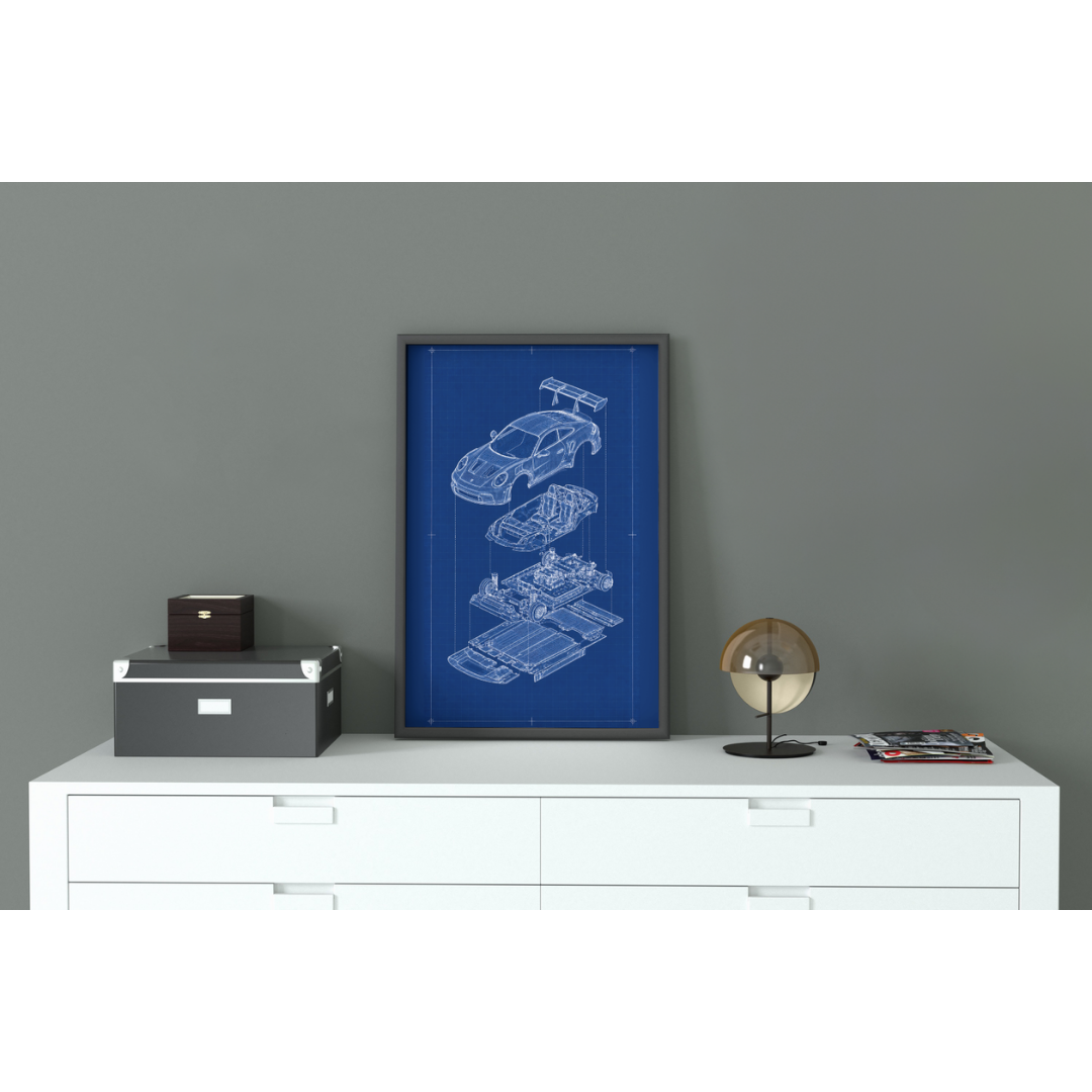 Porsche 911 GT3 Exploded View Poster | Engineering Blueprint Wall Art | Wireframe Supercar Diagram | Gift for Car Enthusiast - Blue