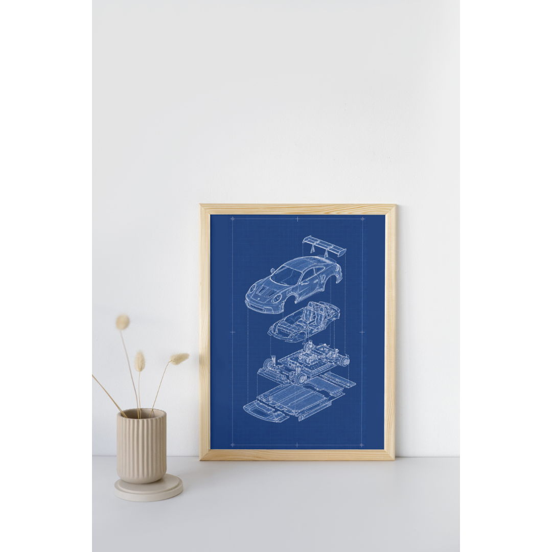 Porsche 911 GT3 Exploded View Poster | Engineering Blueprint Wall Art | Wireframe Supercar Diagram | Gift for Car Enthusiast - Blue