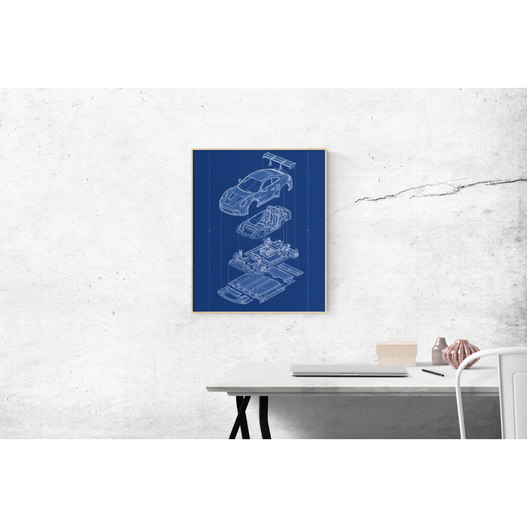 Porsche 911 GT3 Exploded View Poster | Engineering Blueprint Wall Art | Wireframe Supercar Diagram | Gift for Car Enthusiast - Blue