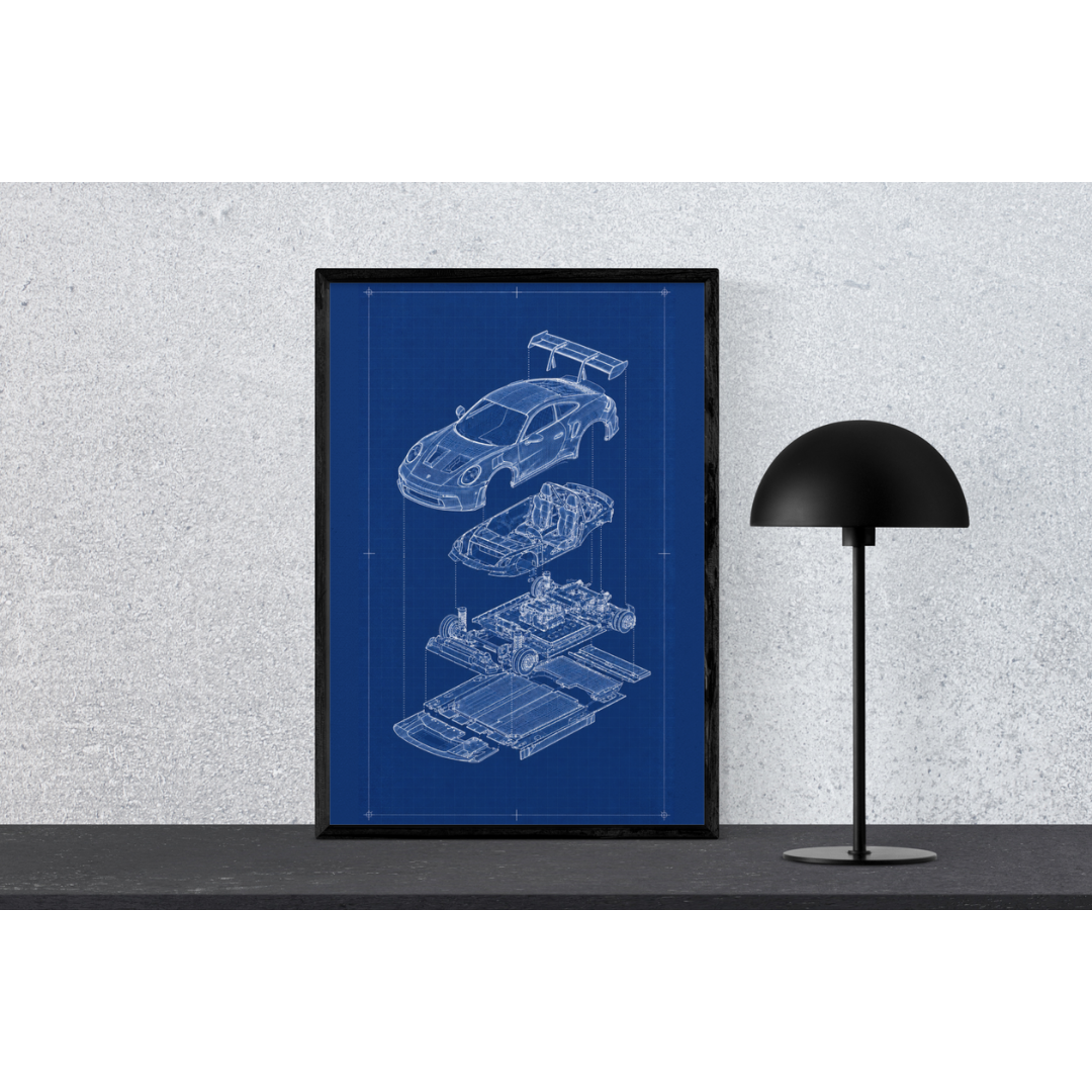 Porsche 911 GT3 Exploded View Poster | Engineering Blueprint Wall Art | Wireframe Supercar Diagram | Gift for Car Enthusiast - Blue
