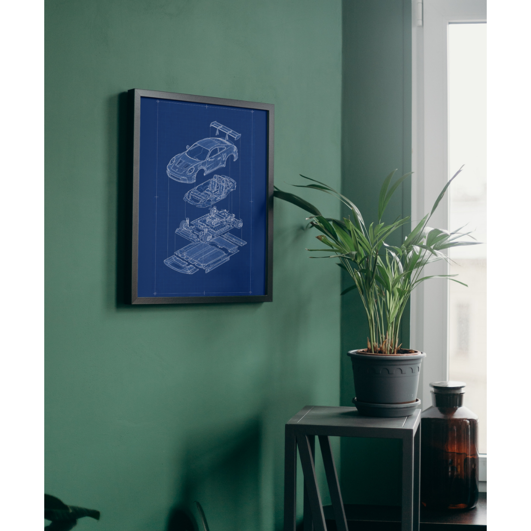 Porsche 911 GT3 Exploded View Poster | Engineering Blueprint Wall Art | Wireframe Supercar Diagram | Gift for Car Enthusiast - Blue