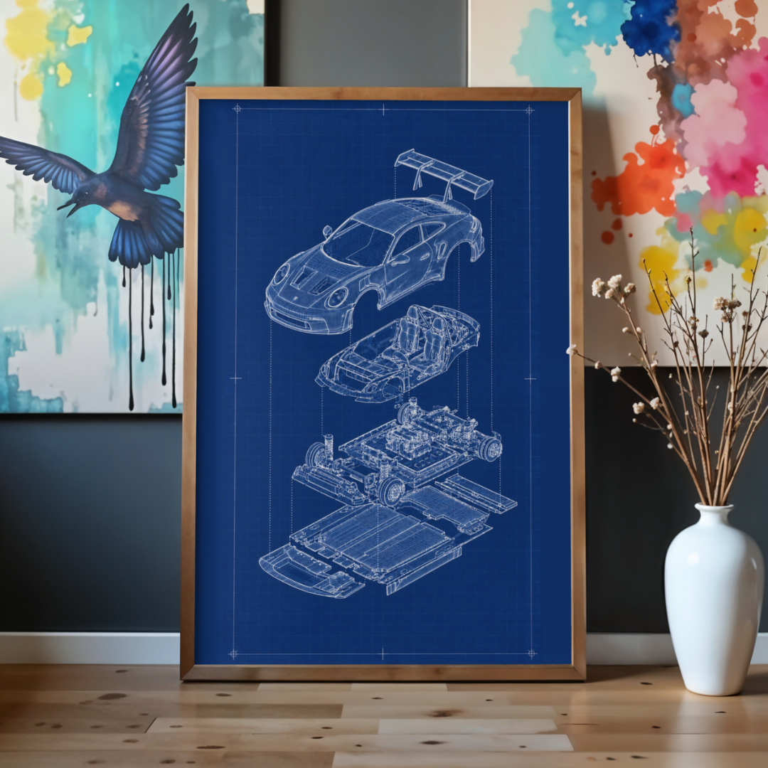 Porsche 911 GT3 Exploded View Poster | Engineering Blueprint Wall Art | Wireframe Supercar Diagram | Gift for Car Enthusiast - Blue