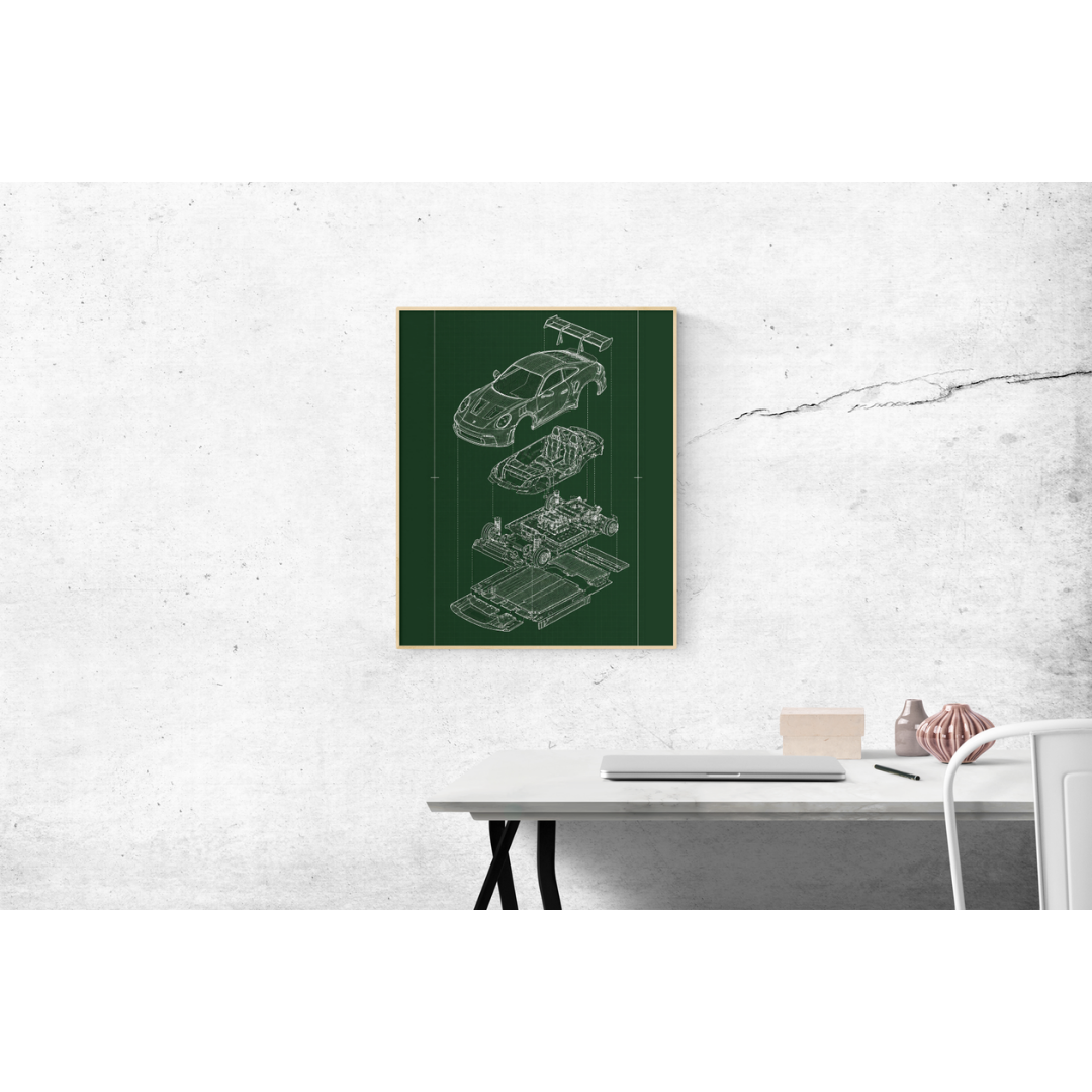 Porsche 911 GT3 Exploded View Poster | Engineering Blueprint Wall Art | Wireframe Supercar Diagram | Gift for Car Enthusiast - Green