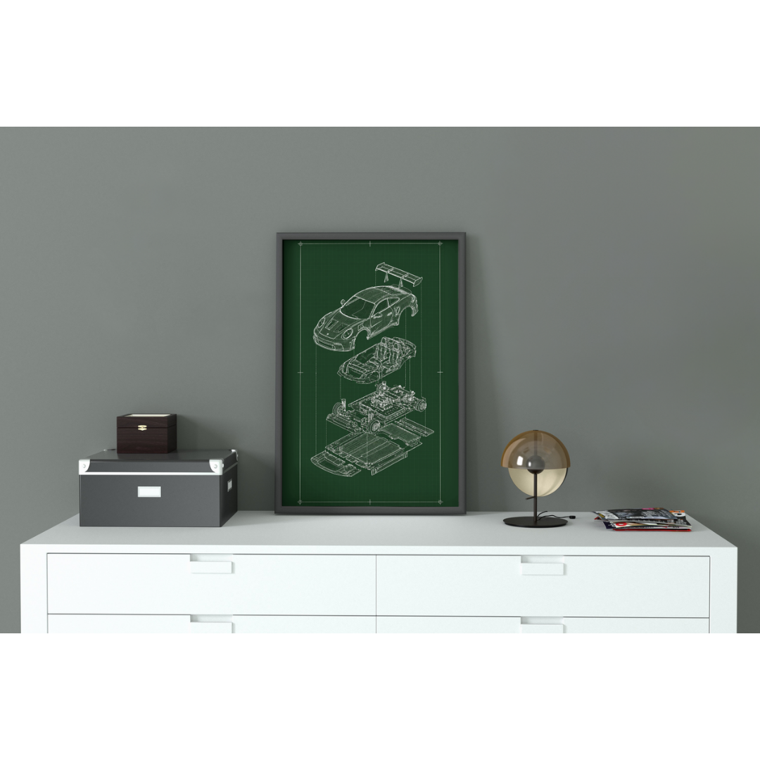 Porsche 911 GT3 Exploded View Poster | Engineering Blueprint Wall Art | Wireframe Supercar Diagram | Gift for Car Enthusiast - Green