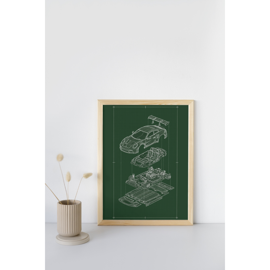 Porsche 911 GT3 Exploded View Poster | Engineering Blueprint Wall Art | Wireframe Supercar Diagram | Gift for Car Enthusiast - Green