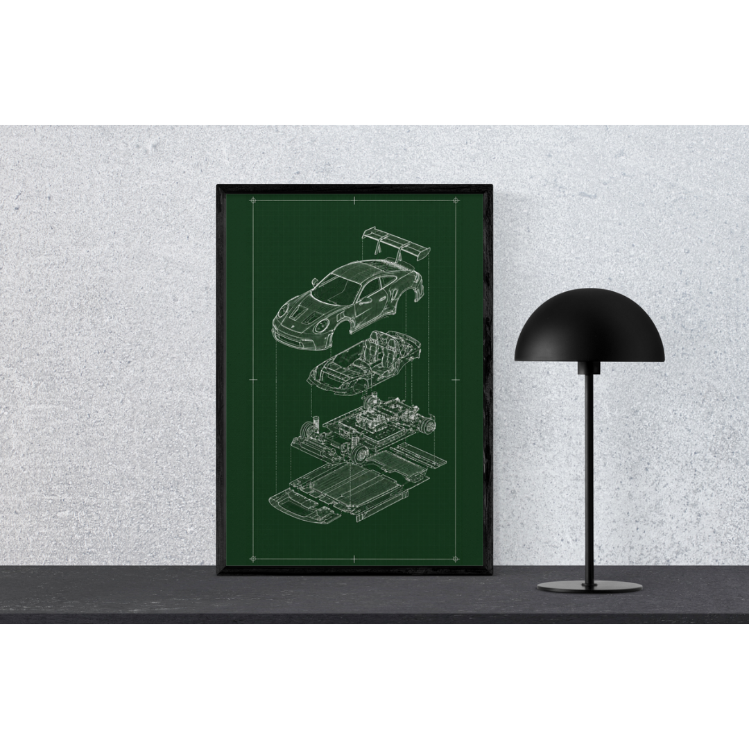 Porsche 911 GT3 Exploded View Poster | Engineering Blueprint Wall Art | Wireframe Supercar Diagram | Gift for Car Enthusiast - Green