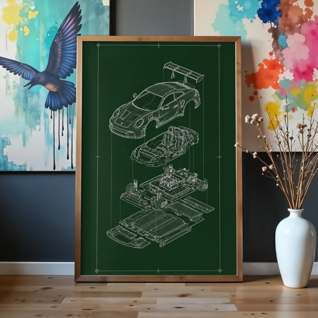 Porsche 911 GT3 Exploded View Poster | Engineering Blueprint Wall Art | Wireframe Supercar Diagram | Gift for Car Enthusiast - Green