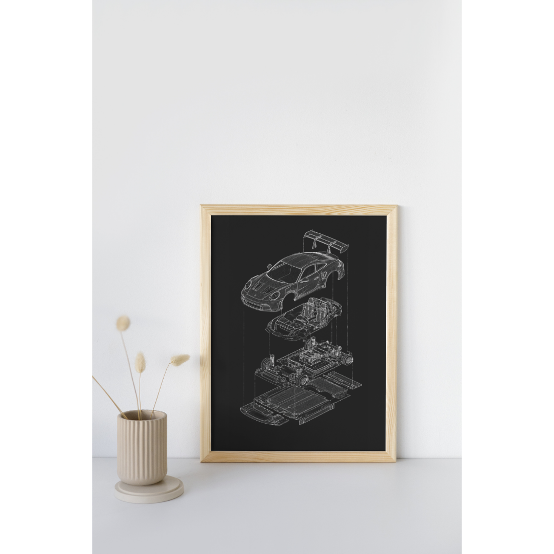 Porsche 911 GT3 Exploded View Poster | Engineering Blueprint Wall Art | Wireframe Supercar Diagram | Gift for Car Enthusiast - Black