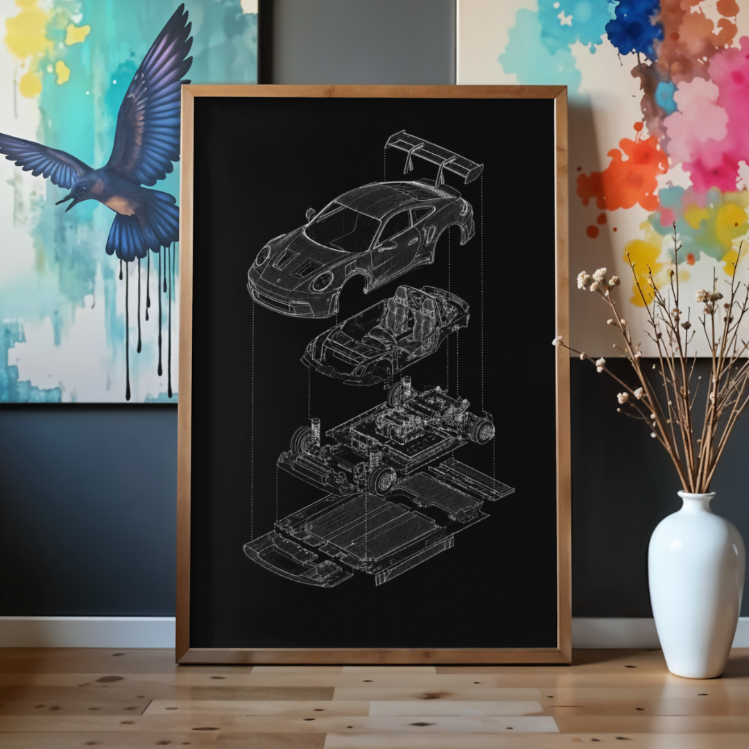 Porsche 911 GT3 Exploded View Poster | Engineering Blueprint Wall Art | Wireframe Supercar Diagram | Gift for Car Enthusiast - Black