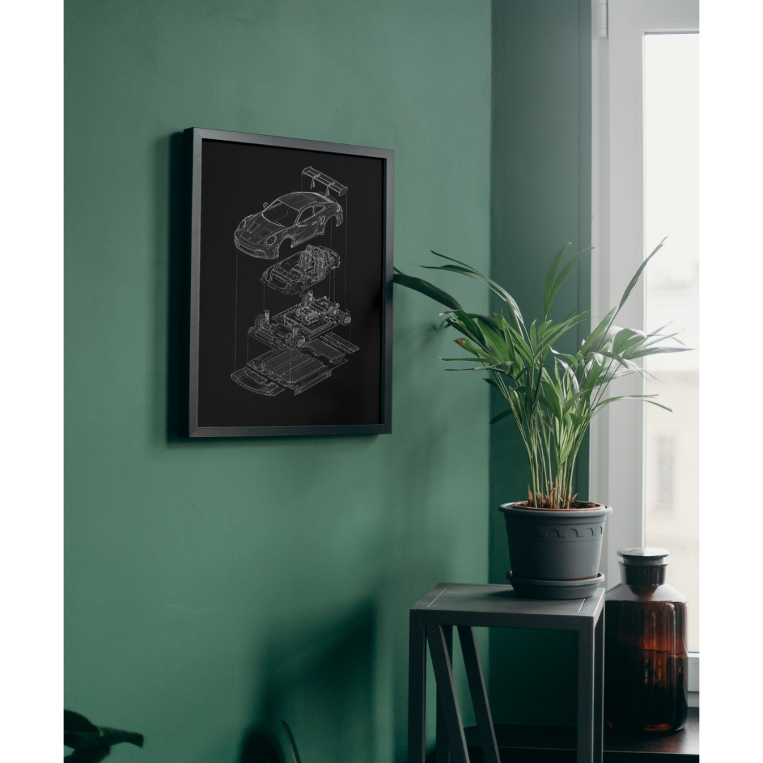 Porsche 911 GT3 Exploded View Poster | Engineering Blueprint Wall Art | Wireframe Supercar Diagram | Gift for Car Enthusiast - Black