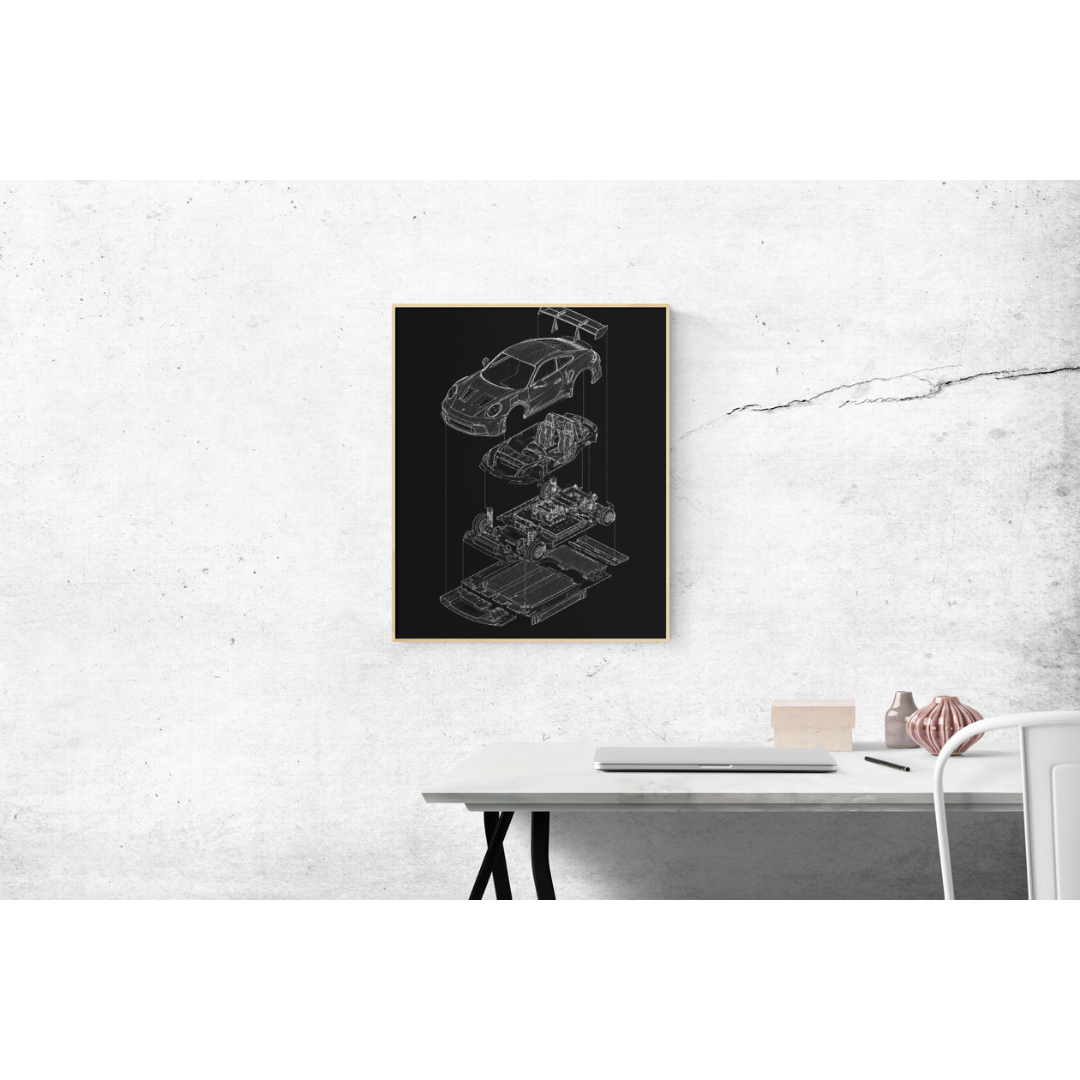 Porsche 911 GT3 Exploded View Poster | Engineering Blueprint Wall Art | Wireframe Supercar Diagram | Gift for Car Enthusiast - Black