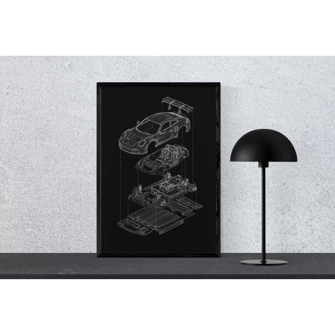 Porsche 911 GT3 Exploded View Poster | Engineering Blueprint Wall Art | Wireframe Supercar Diagram | Gift for Car Enthusiast - Black