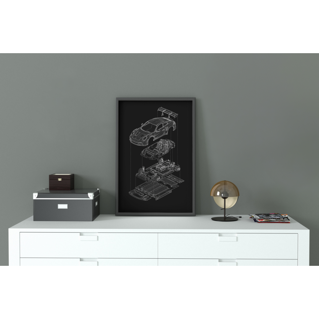 Porsche 911 GT3 Exploded View Poster | Engineering Blueprint Wall Art | Wireframe Supercar Diagram | Gift for Car Enthusiast - Black
