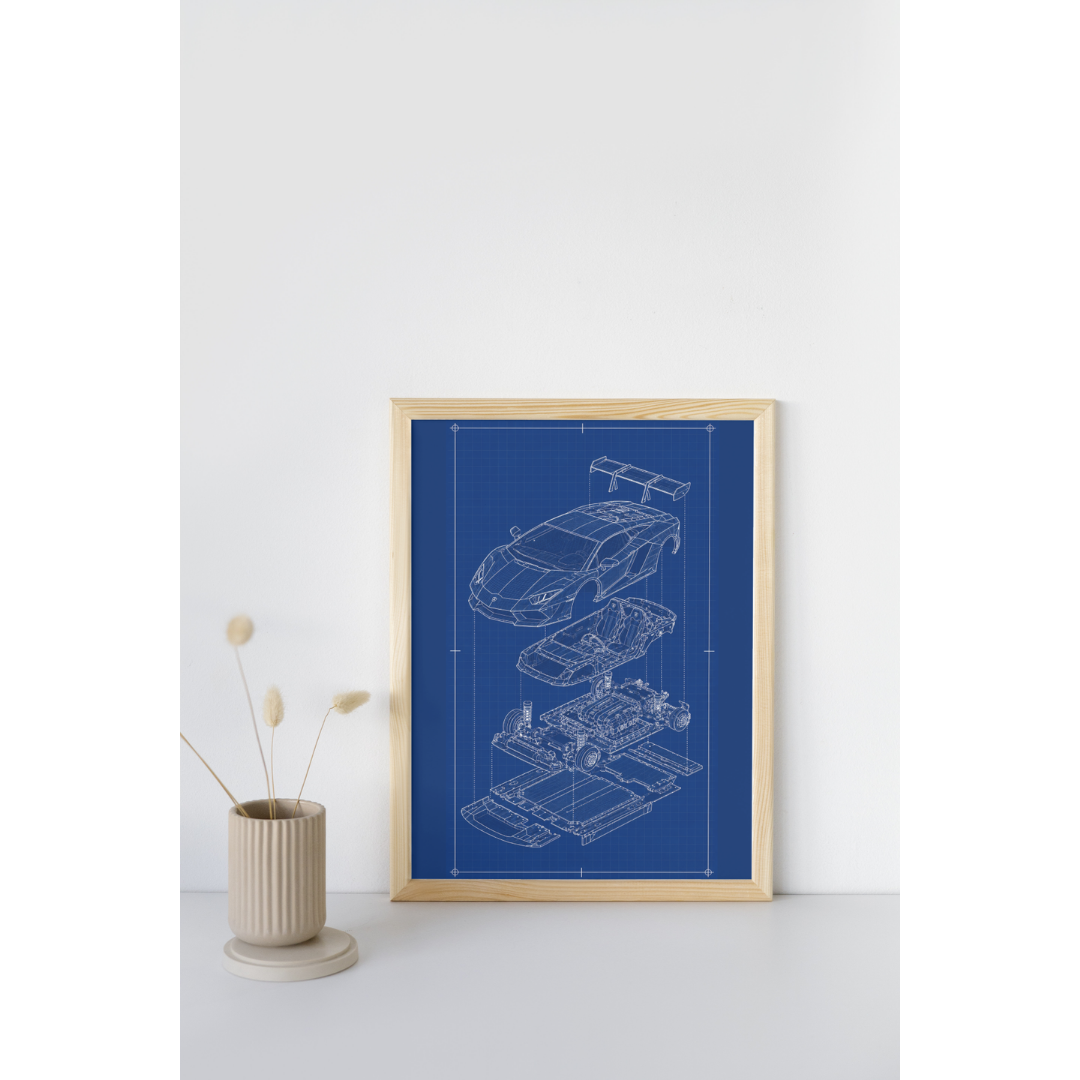 Lamborghini Aventador Exploded View Poster | Engineering Blueprint Wall Art | Wireframe Supercar Diagram | Gift for Car Enthusiast - Blue