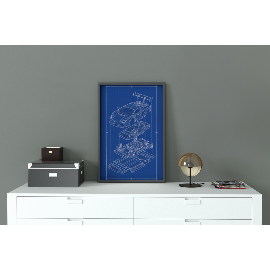 Lamborghini Aventador Exploded View Poster | Engineering Blueprint Wall Art | Wireframe Supercar Diagram | Gift for Car Enthusiast - Blue