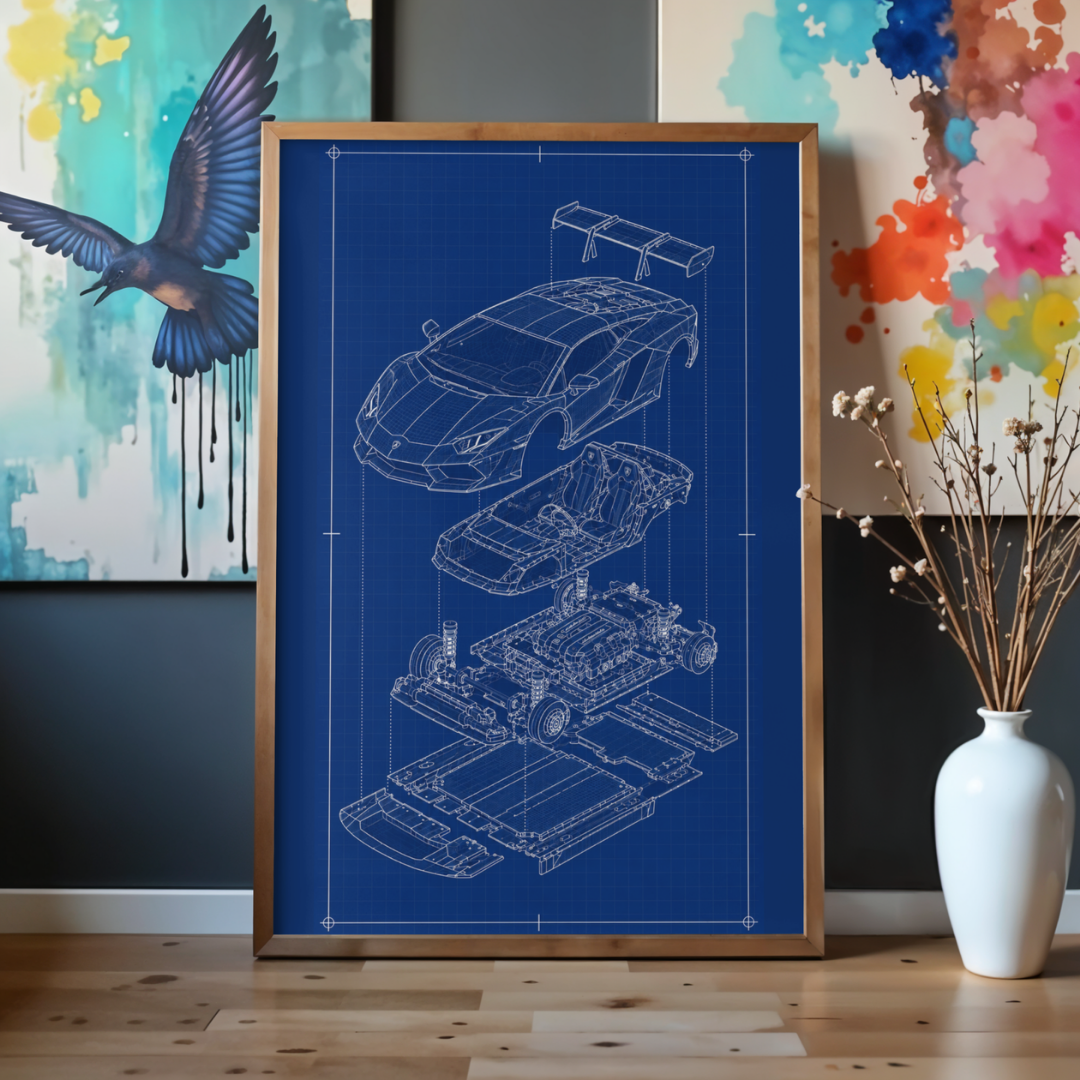 Lamborghini Aventador Exploded View Poster | Engineering Blueprint Wall Art | Wireframe Supercar Diagram | Gift for Car Enthusiast - Blue