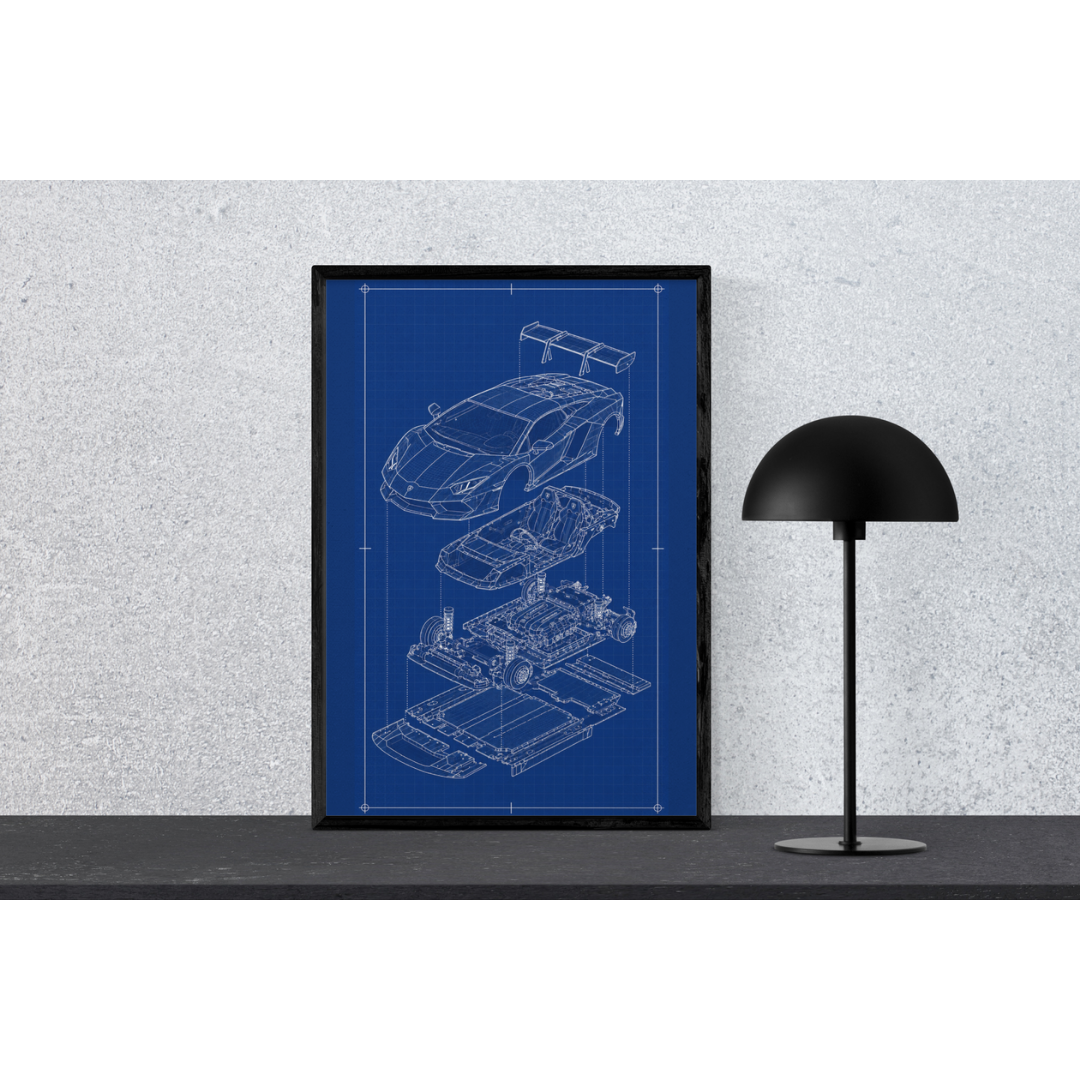 Lamborghini Aventador Exploded View Poster | Engineering Blueprint Wall Art | Wireframe Supercar Diagram | Gift for Car Enthusiast - Blue