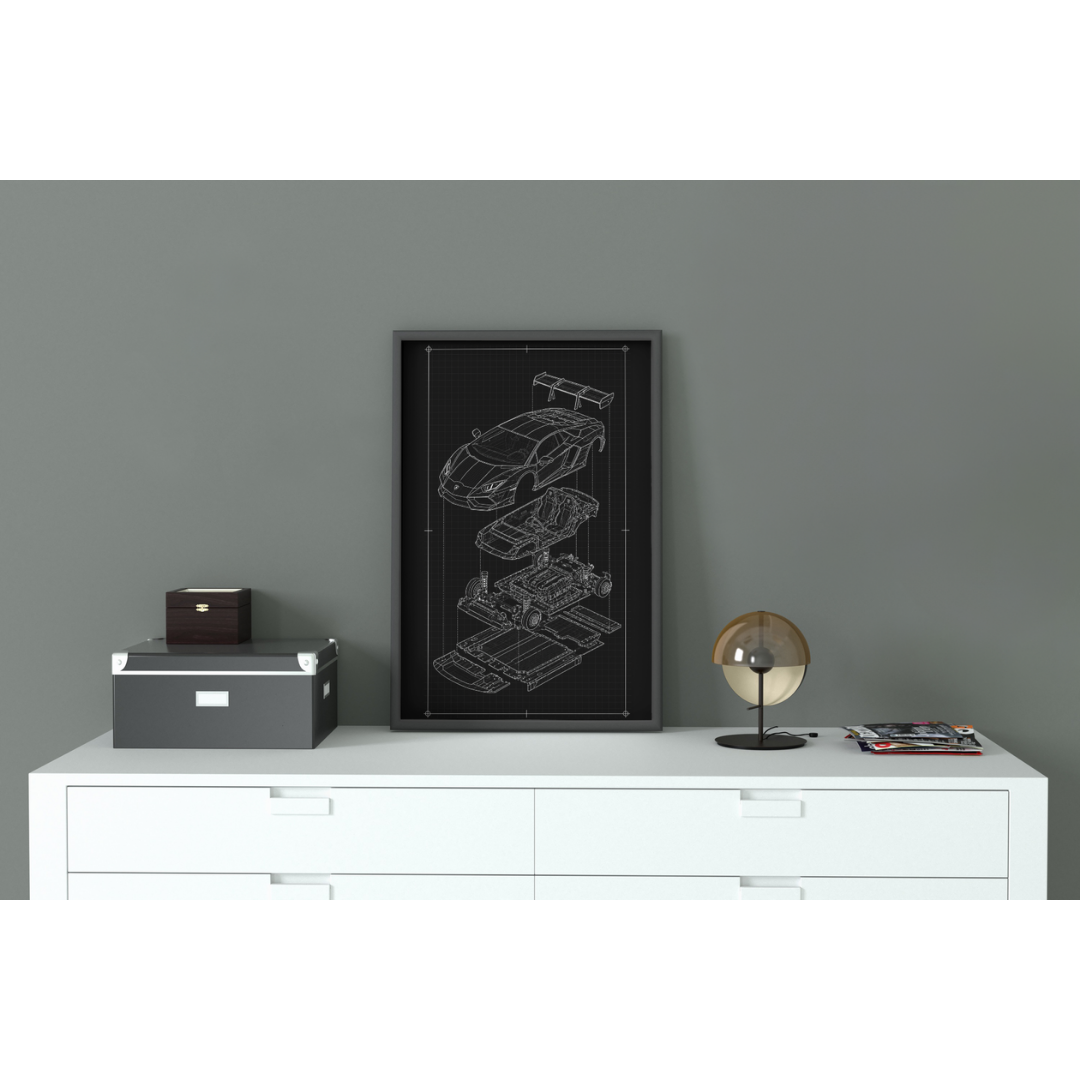 Lamborghini Aventador Exploded View Poster | Engineering Blueprint Wall Art | Wireframe Supercar Diagram | Gift for Car Enthusiast - Black