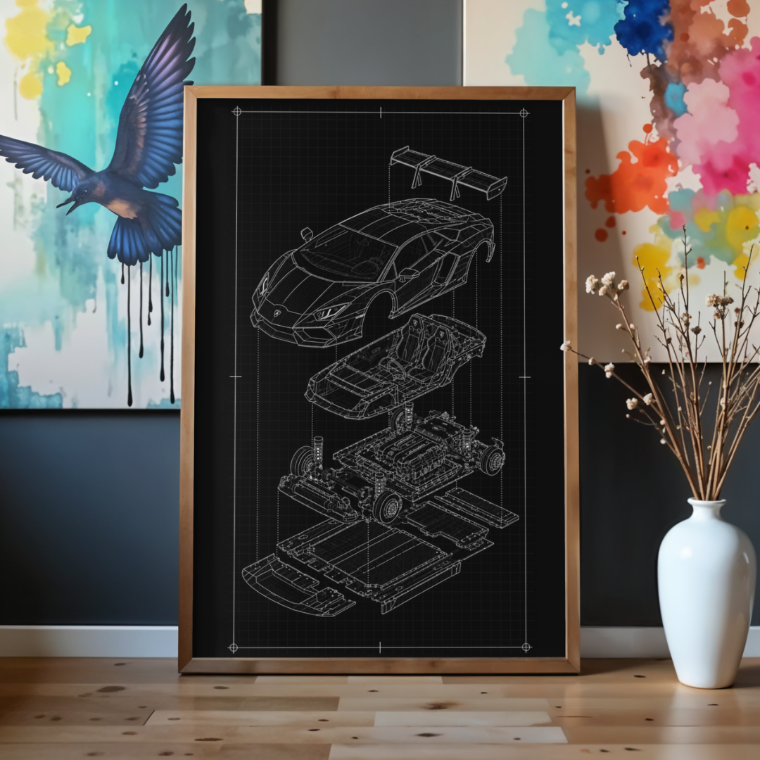 Lamborghini Aventador Exploded View Poster | Engineering Blueprint Wall Art | Wireframe Supercar Diagram | Gift for Car Enthusiast - Black