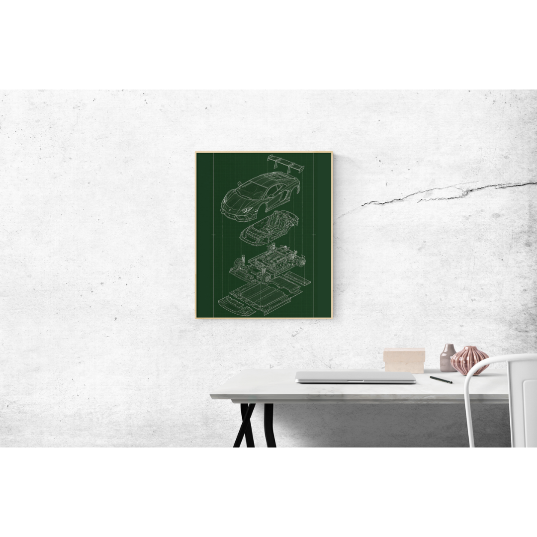 Lamborghini Aventador Exploded View Poster | Engineering Blueprint Wall Art | Wireframe Supercar Diagram | Gift for Car Enthusiast - Green