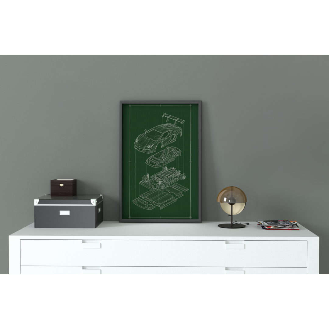 Lamborghini Aventador Exploded View Poster | Engineering Blueprint Wall Art | Wireframe Supercar Diagram | Gift for Car Enthusiast - Green