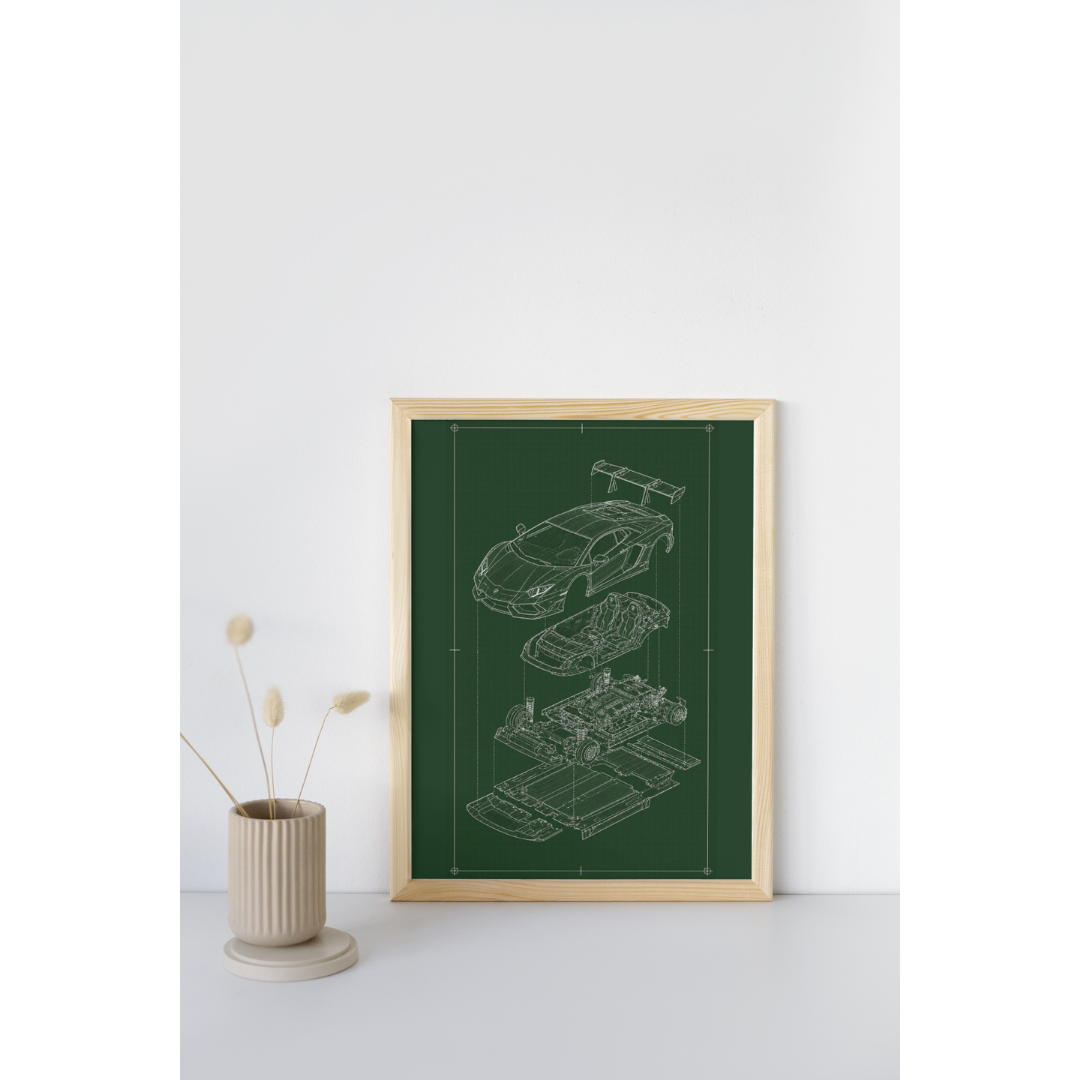 Lamborghini Aventador Exploded View Poster | Engineering Blueprint Wall Art | Wireframe Supercar Diagram | Gift for Car Enthusiast - Green
