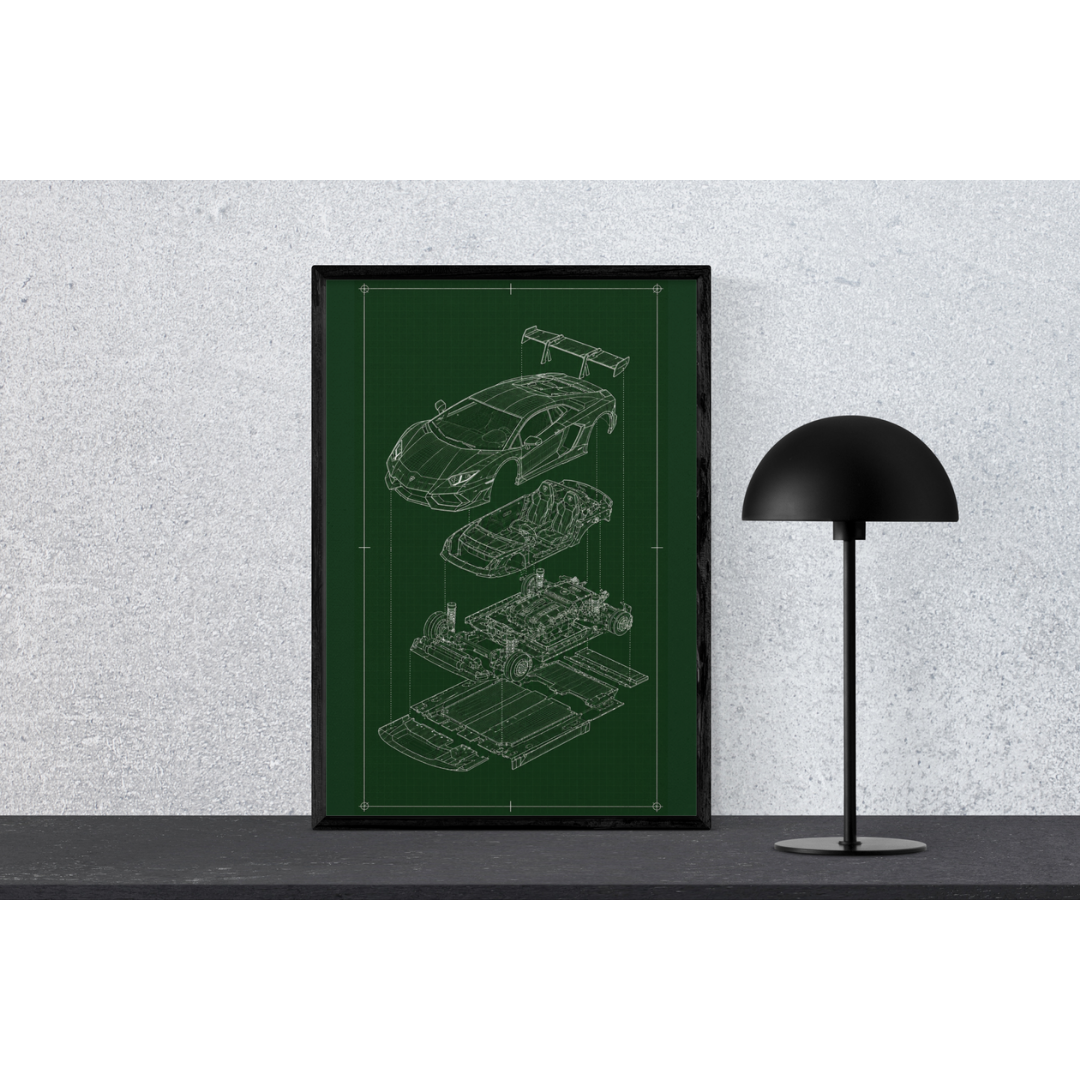 Lamborghini Aventador Exploded View Poster | Engineering Blueprint Wall Art | Wireframe Supercar Diagram | Gift for Car Enthusiast - Green