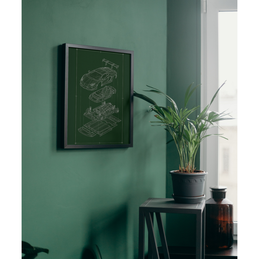 Lamborghini Aventador Exploded View Poster | Engineering Blueprint Wall Art | Wireframe Supercar Diagram | Gift for Car Enthusiast - Green