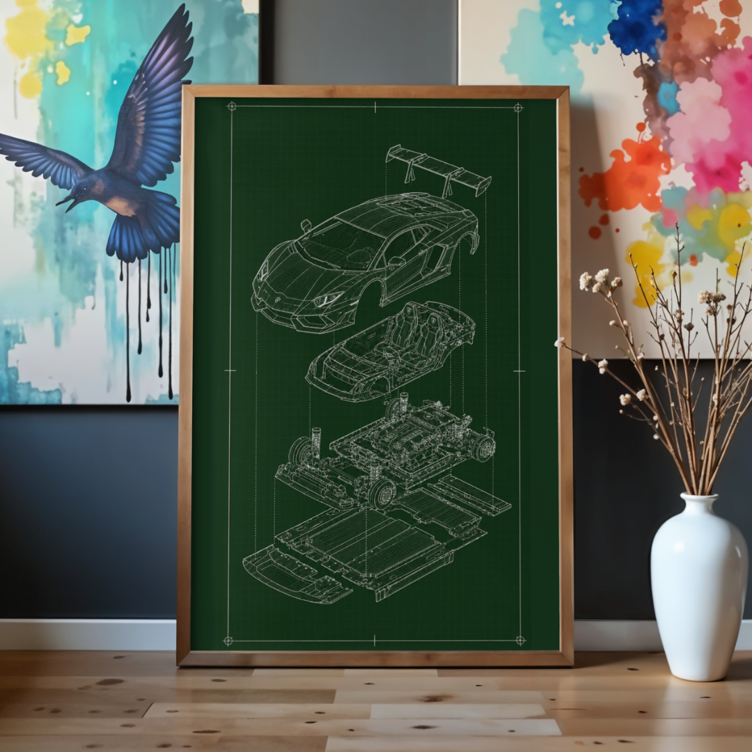 Lamborghini Aventador Exploded View Poster | Engineering Blueprint Wall Art | Wireframe Supercar Diagram | Gift for Car Enthusiast - Green