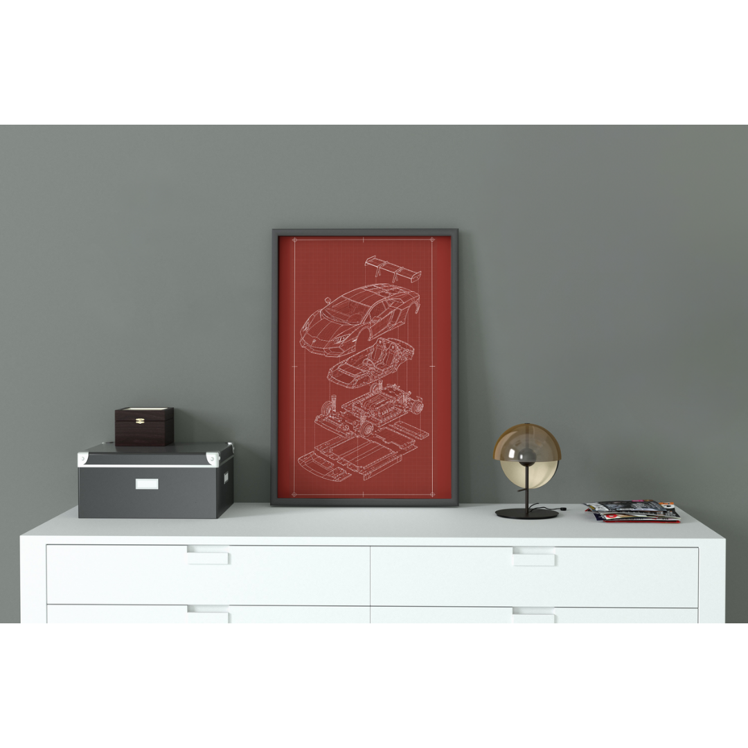Lamborghini Aventador Exploded View Poster | Engineering Blueprint Wall Art | Wireframe Supercar Diagram | Gift for Car Enthusiast - Red
